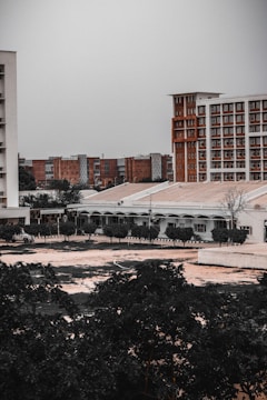 An urban landscape with multiple buildings, some tall and modern with a brick facade, and others shorter with a more utilitarian design. Trees and vegetation occupy the foreground, adding a touch of greenery to the otherwise muted architectural scene.
