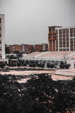 An urban landscape with multiple buildings, some tall and modern with a brick facade, and others shorter with a more utilitarian design. Trees and vegetation occupy the foreground, adding a touch of greenery to the otherwise muted architectural scene.