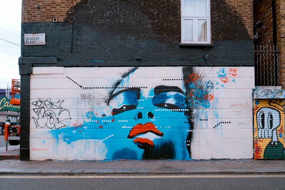 blue, white, and black portrait of woman on wall