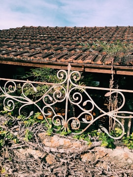 A rustic roof made of clay tiles sits above a decorative metal railing with intricate scrollwork patterns. Below the railing, there is a stone wall adorned with climbing green plants and vines. The scene is bright and sunny, with a clear blue sky in the background.