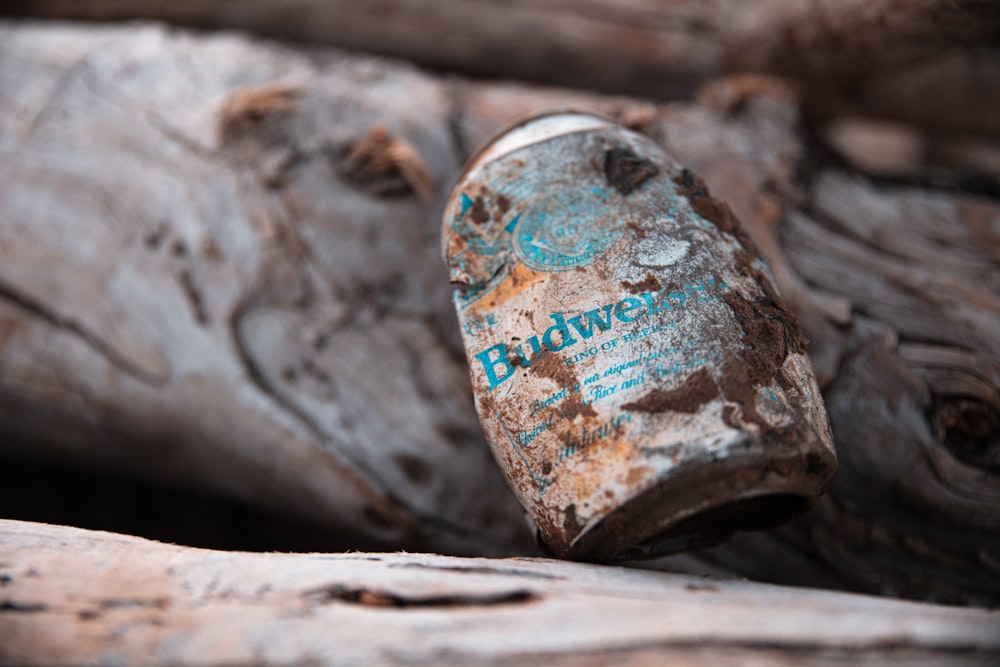 a rusted bottle sitting on top of a wooden log