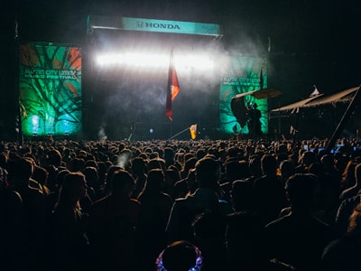 A large outdoor concert stage is illuminated with bright lights and flanked by vibrant banners that read 'Austin City Limits Music Festival.' The audience is densely packed, with people standing close together, many holding flags. The night atmosphere is evident, with dark surroundings except for the brightly lit stage.