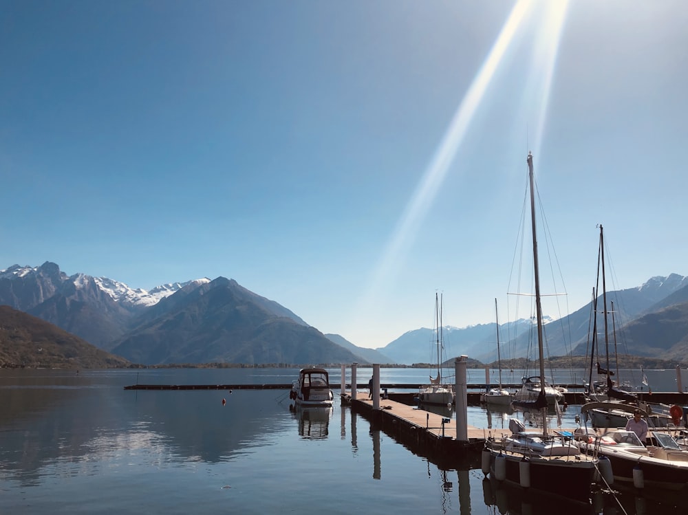 photography of white boat beside wooden dock during daytime