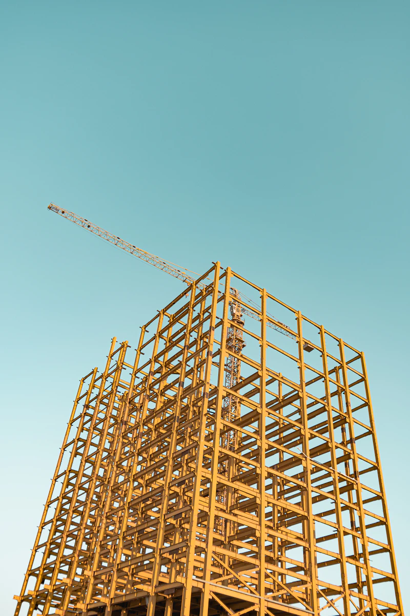 Steel beams and structural framework at a construction site