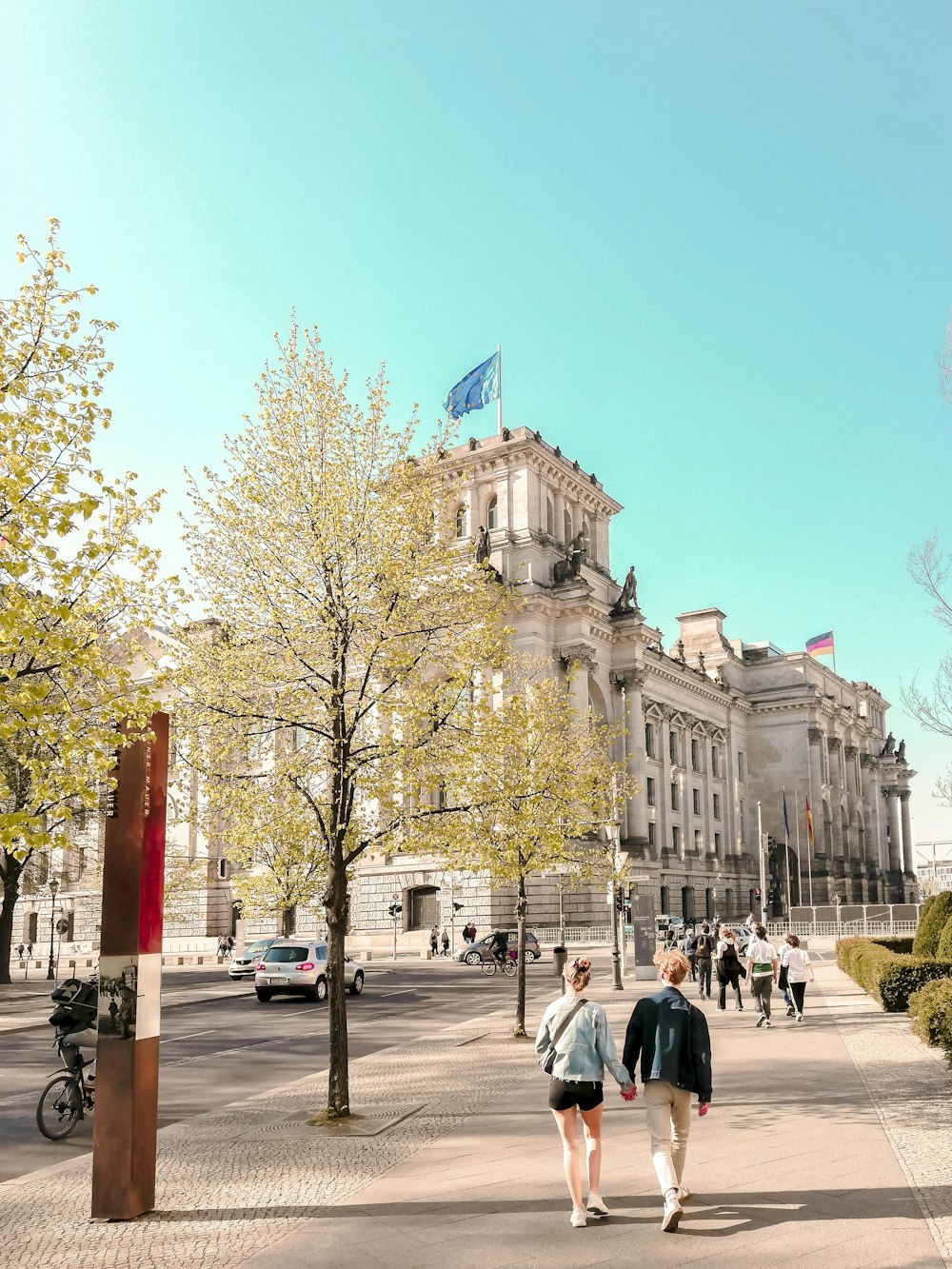 people walking near trees and building