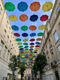 assorted-color umbrellas under blue sky