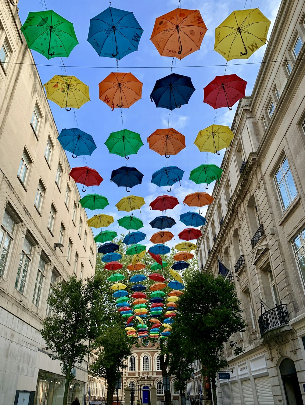 Bunte Regenschirme unter blauem Himmel