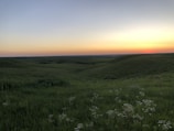 A tranquil countryside landscape with rolling hills and a sunset.