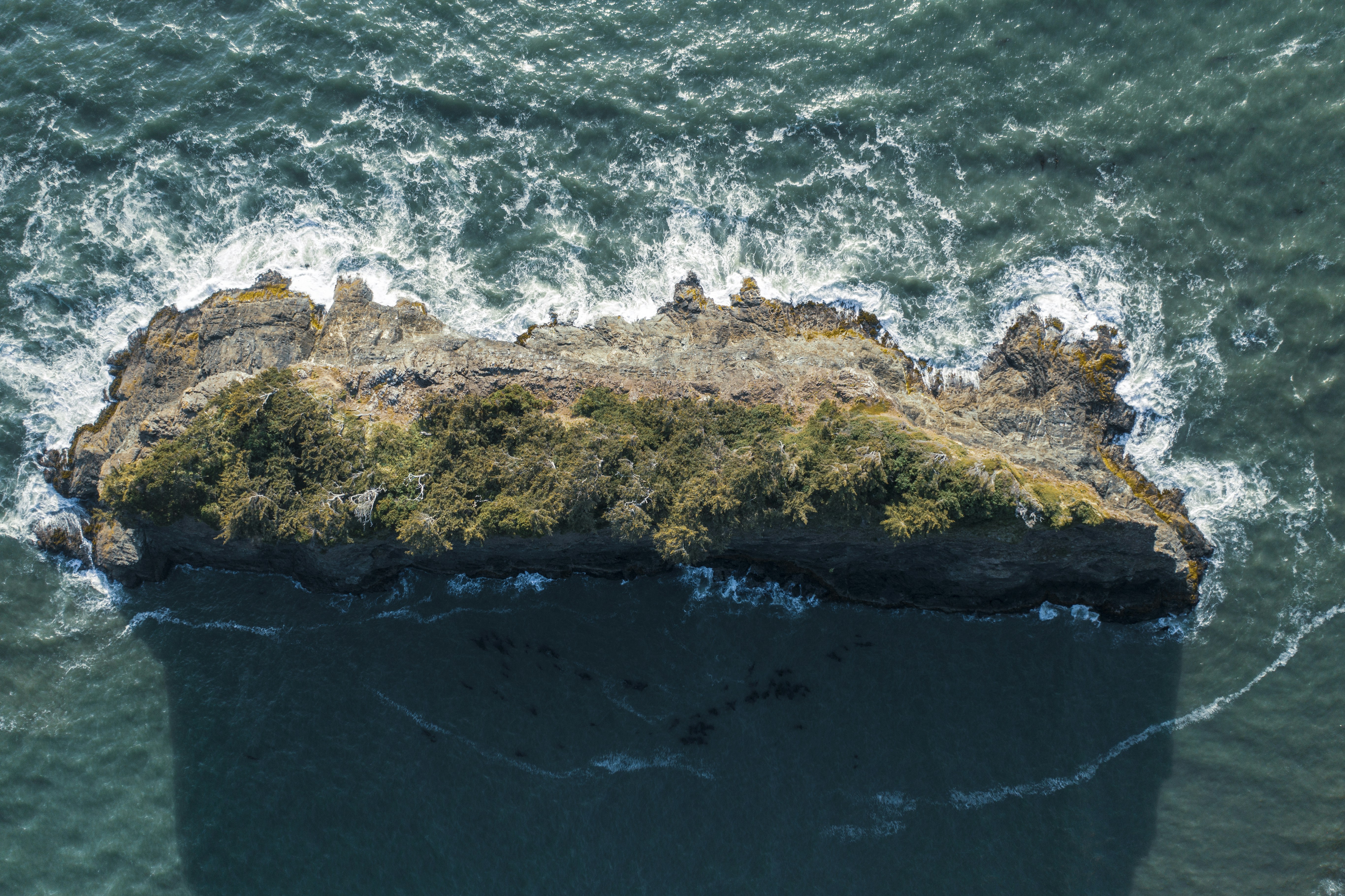 high-angle photo of green and brown mountain range, Another shot from a collection of sea monoliths on the southern Oregon coast. I wanted to capture that windswept stand of pine trees on this large rock. An unusually calm day at the Pacific Ocean gave me the opportunity to get some drone shots of this beautiful island. 