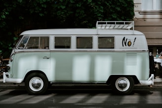 A vintage Volkswagen van with a pale green and white exterior is parked on a street. The van has a retro style with a roof rack, surrounded by lush green foliage. The background also features part of a building and a table with chairs, partially obscured by the vehicle.