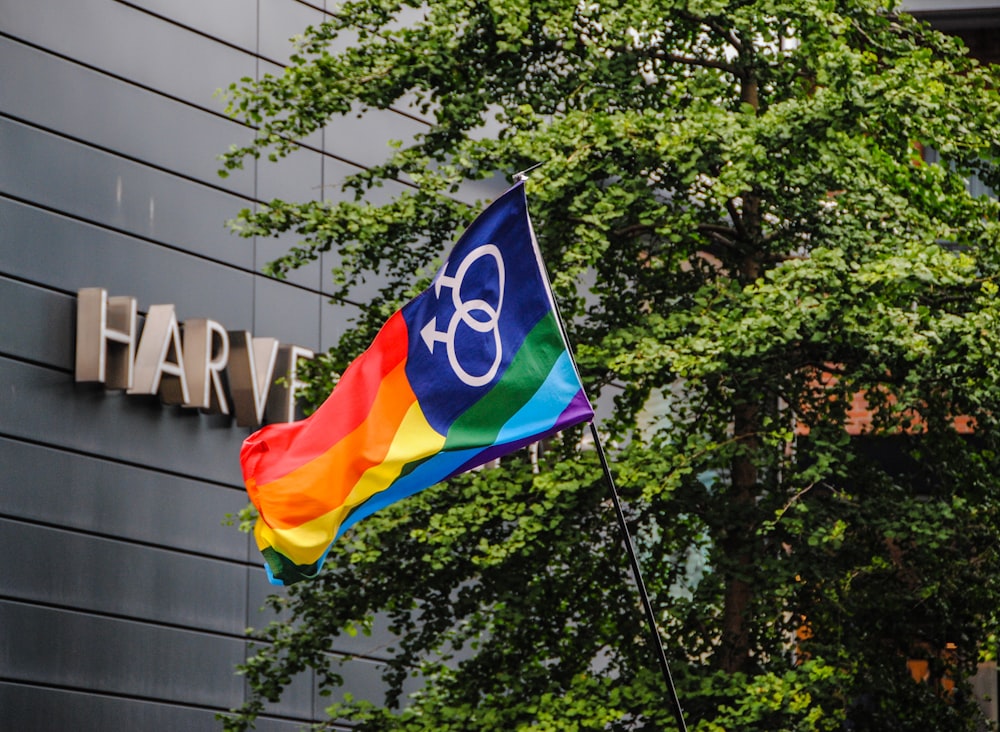 multicolored flag near building during daytime