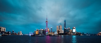 A financial district skyline at dusk with glowing data streams symbolizing digital transformation.