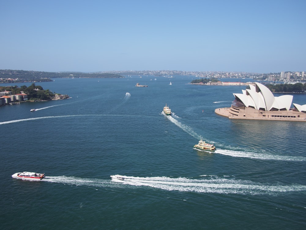 veduta aerea di quattro barche che navigano vicino all'Opera di Sydney, Australia