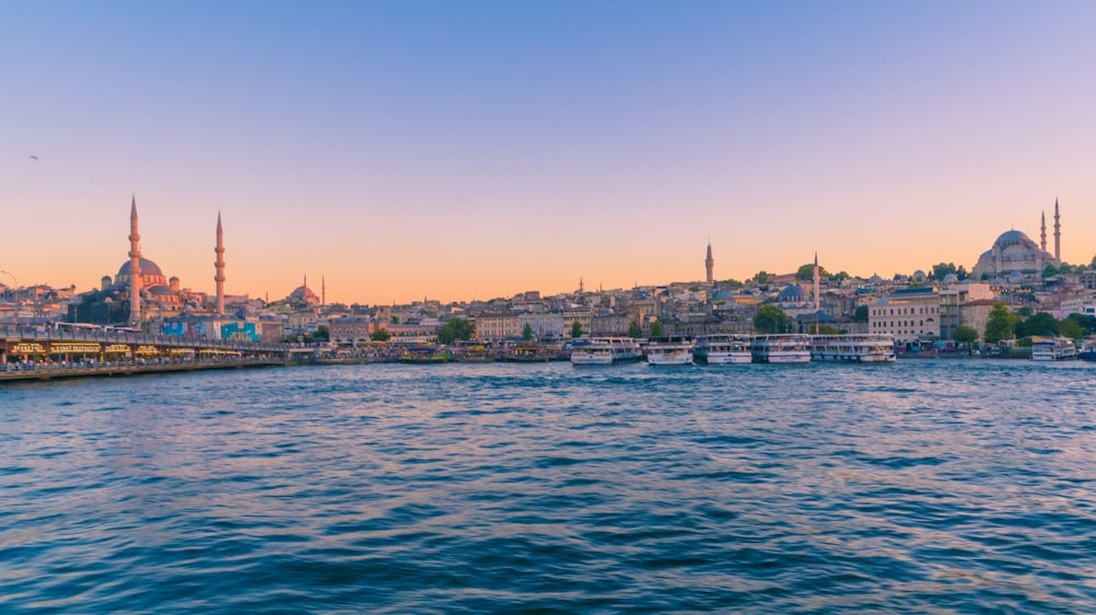 Ein Gewässer mit einer Stadt im Hintergrund