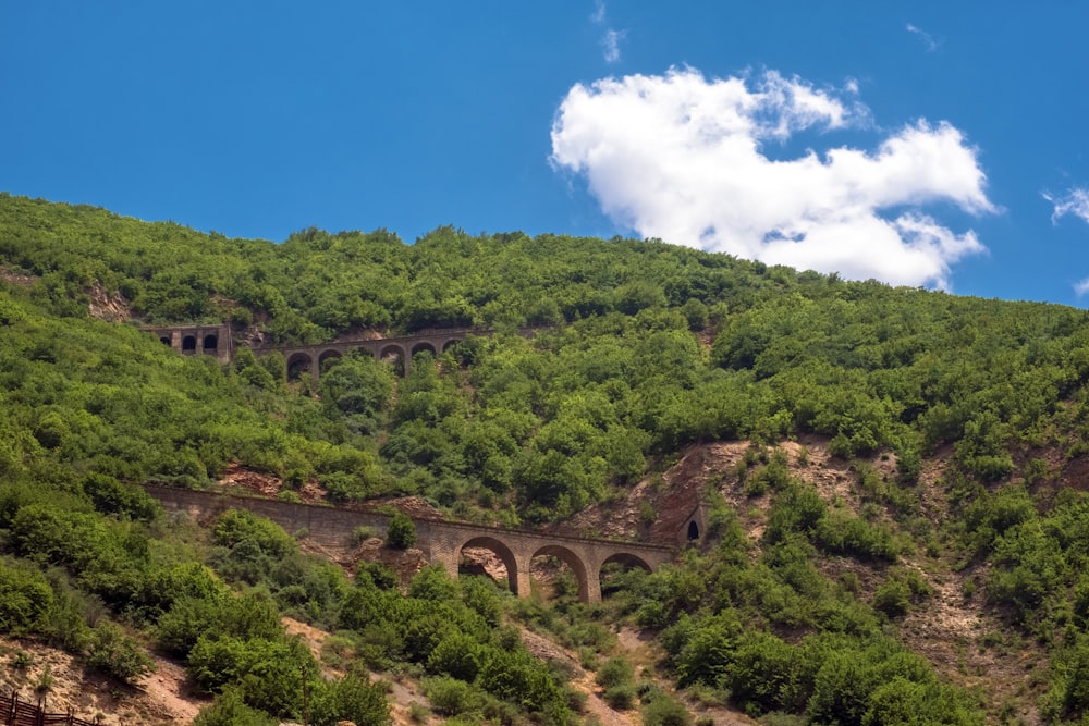 mountain with concrete bridge