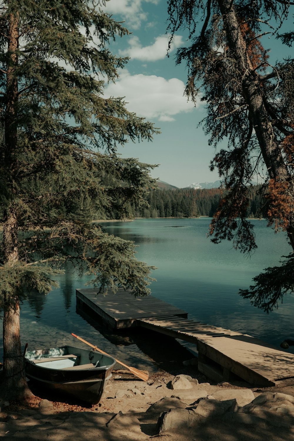 wooden boat and oar in lake dock