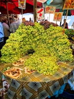 A market stall is covered with an abundant display of green and some red grapes arranged on a table with a colorful checkered tablecloth adorned with rose patterns. Several signs with Arabic writing and images hang above the grapes. In the background, people are seen browsing other produce under umbrellas.