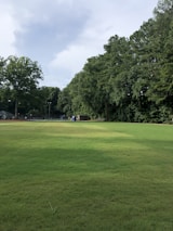 A wide, open grassy field bordered by dense green trees under an overcast sky. A fence and portable restroom are visible in the distance.