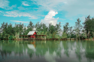 a red house sitting on top of a lake next to a forest