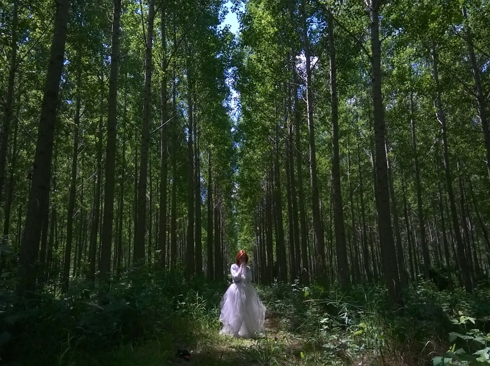 woman in white dress standing between trees during daytime