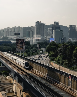 A sleek train travels on an elevated track through a cityscape, surrounded by lush greenery. Tall skyscrapers and buildings are visible in the background, partially shrouded by a hazy sky. A highway with moving cars runs parallel to the train track, adding to the urban setting.