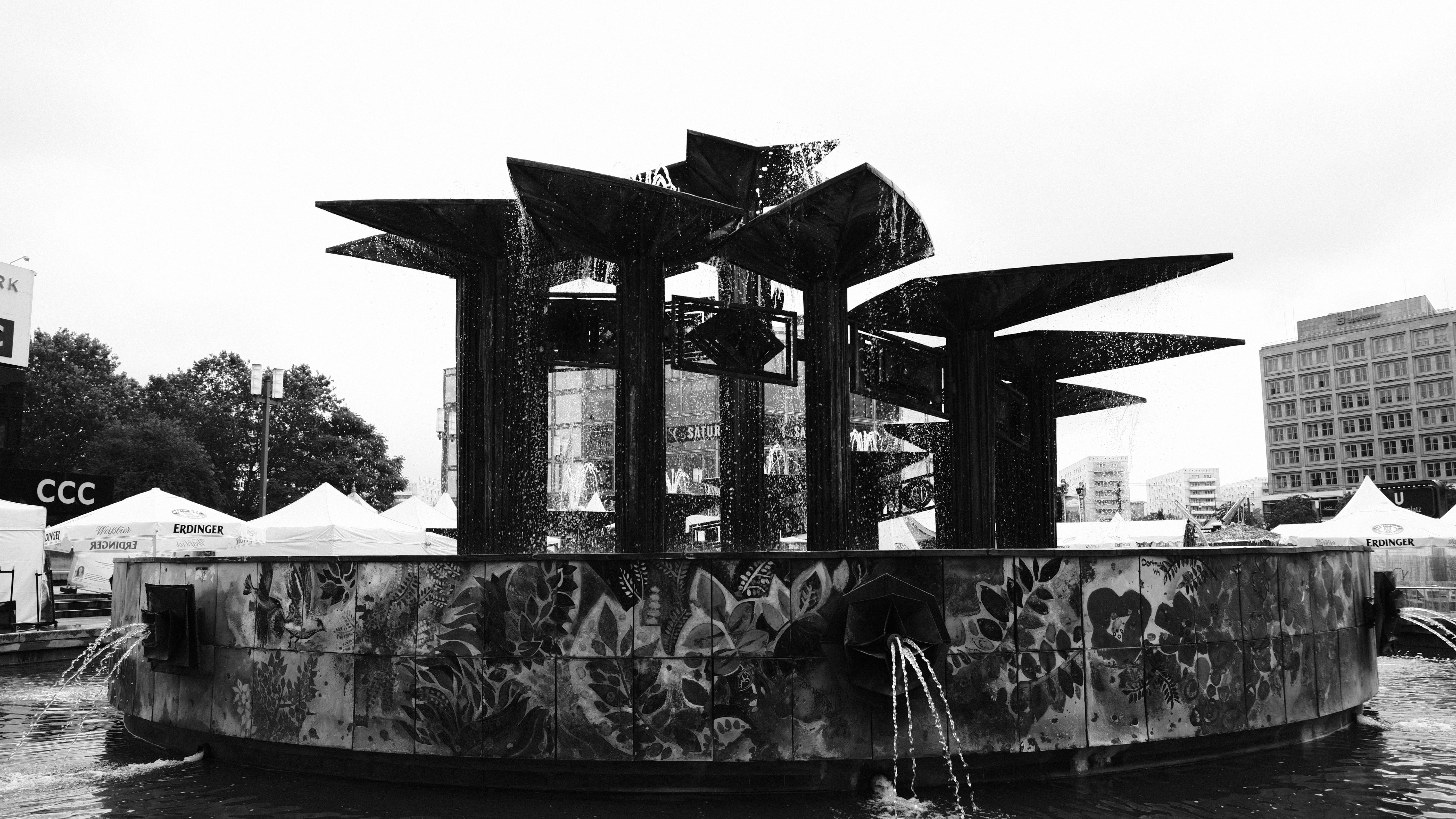 grayscale photography of fountain