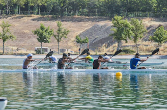 Kayakers paddling energetically across the calm waters of Shepherd Mountain Lake.