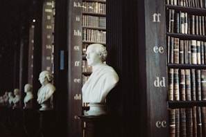 A library interior featuring rows of bookshelves filled with old, leather-bound books. Marble busts are placed at intervals along the bookshelves, and the letters of the alphabet in large font are displayed on the wood panels separating the sections of books.