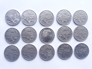 Fifteen silver coins are arranged on a plain white background in a structured formation. Fourteen of them are the same type with a decorative design and the number 20 inscribed on them. One distinct coin in the arrangement features a profile and text around the edge.