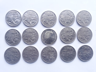 Fifteen silver coins are arranged on a plain white background in a structured formation. Fourteen of them are the same type with a decorative design and the number 20 inscribed on them. One distinct coin in the arrangement features a profile and text around the edge.
