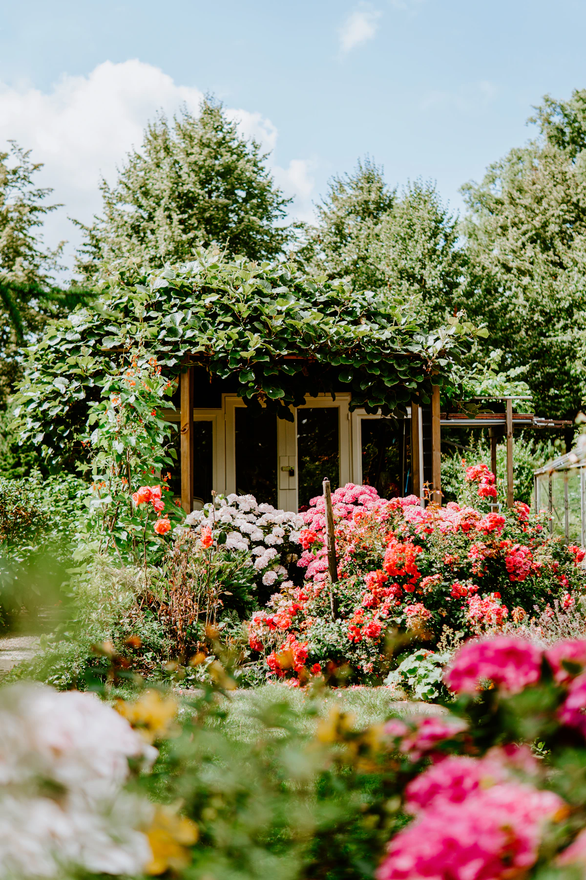 Met groen Gevel van een woongebouw en planten Woongebouw