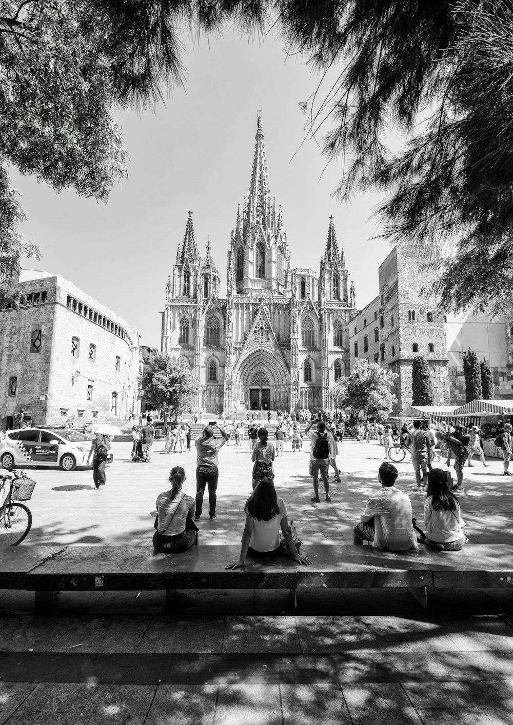 graysclae photo of people facing church