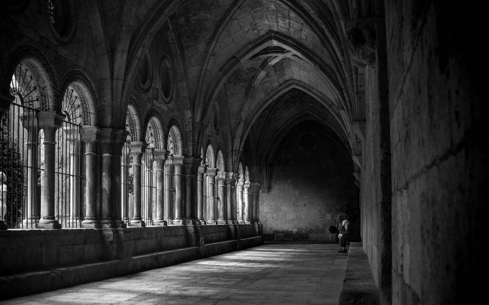 grayscale photo of building interior