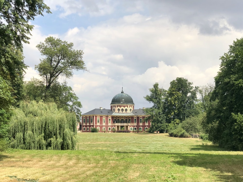 brown and green building between trees