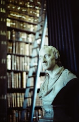 A marble bust of a historical figure is prominently displayed in front of a large bookshelf filled with numerous old, leather-bound books. A ladder leans against the shelf, suggesting a library setting.