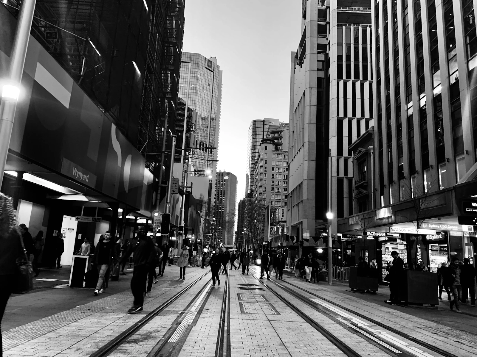 Black and white photograph of a busy Sydney city street