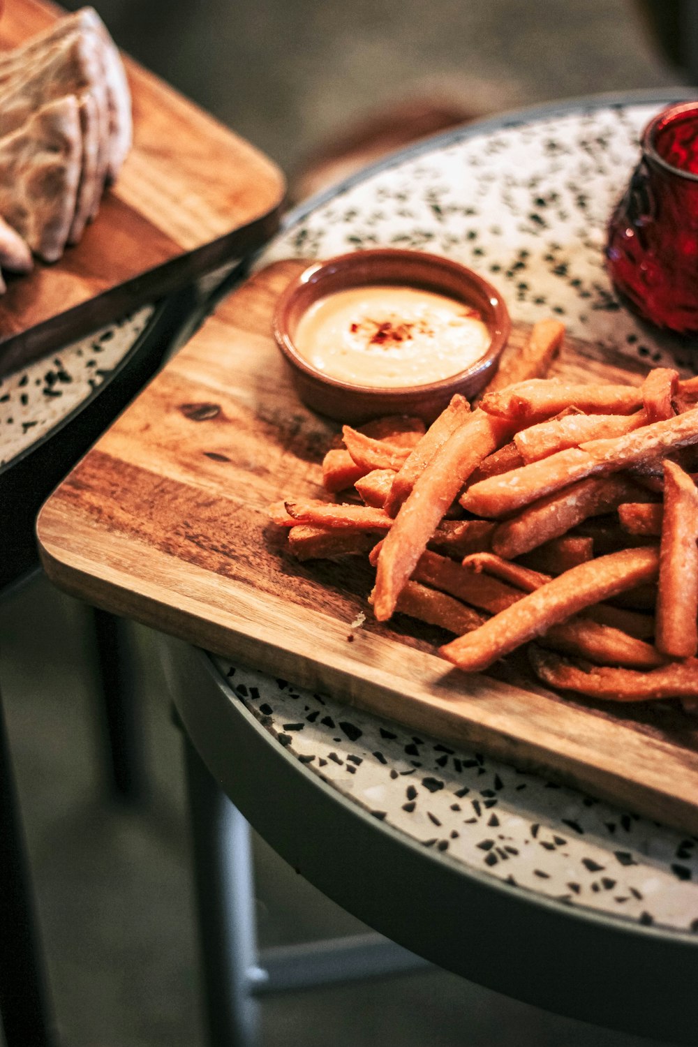 fries on brown wooden tray