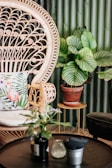 A wicker chair with intricate patterns sits to the side, accompanied by a decorative pillow featuring a flamingo design. Next to the chair, a potted plant with large striped green leaves rests on a slender golden table. A round dark coffee table in the foreground displays various items, including a small vase and bottles. The background consists of corrugated green metal sheets, adding a rustic touch to the setting.