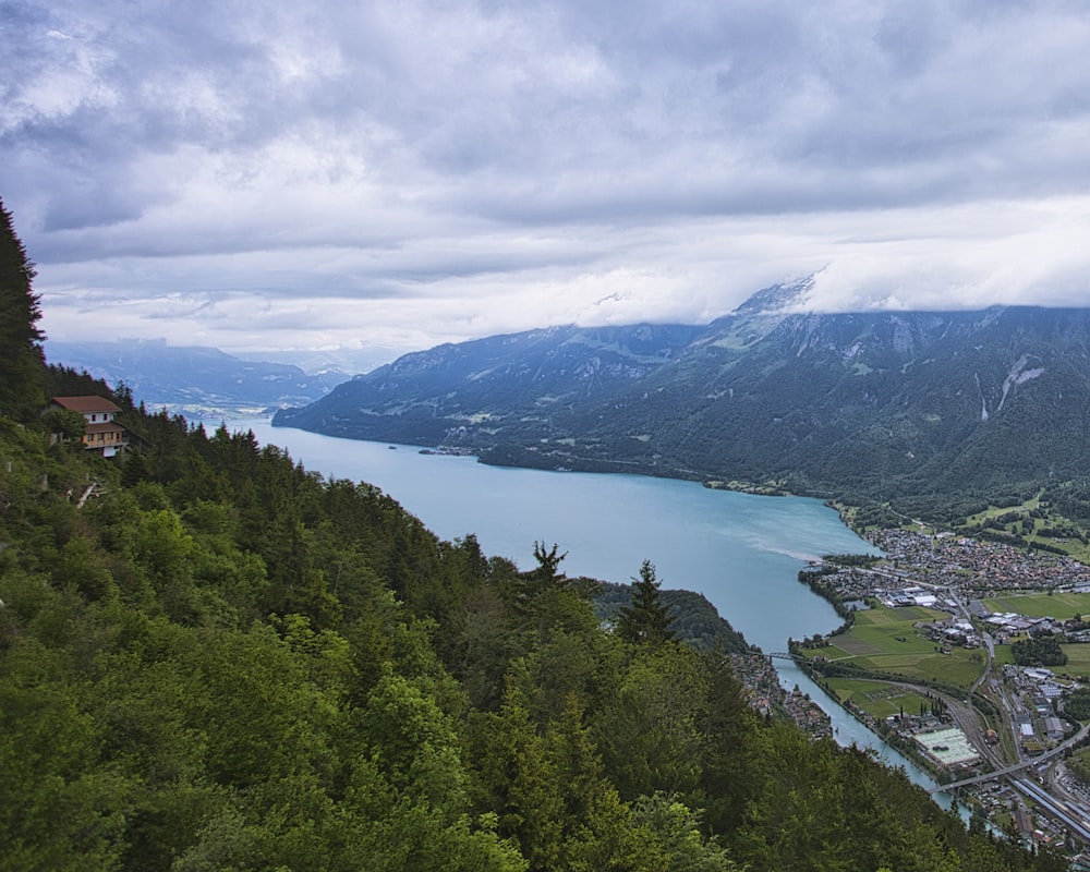 a scenic view of a lake surrounded by mountains