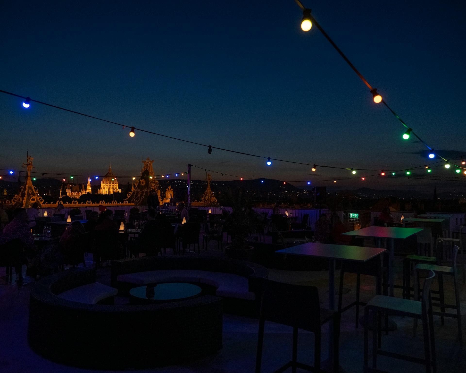 outdoor restaurant with lighted string lights