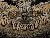 An abstract depiction of archetypes and symbols swirling around a thoughtful person.