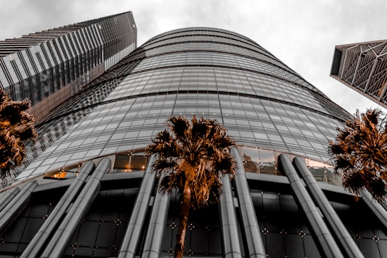 A towering skyscraper with modern architecture is depicted, featuring sleek glass and metal elements. The perspective is from the base of the building looking up, creating a sense of grandeur. Palm trees are visible at the bottom, providing a contrast to the urban design.