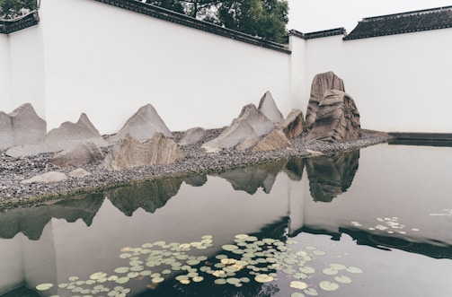 An arrangement of rocks is placed on a gravel surface adjacent to a reflective, tranquil pool of water. The background consists of a white wall with traditional dark roofing. The water is adorned with scattered lily pads, providing a serene and harmonious aesthetic.