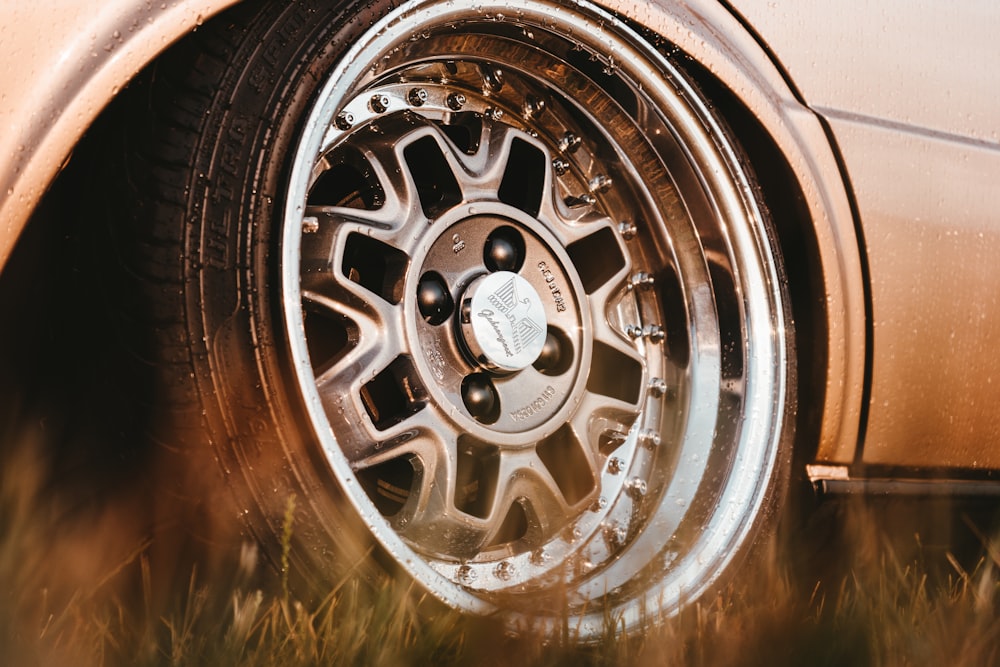 a close up of a tire on a car