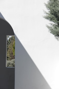A minimalist architectural scene with a white wall casting a diagonal shadow, a small window revealing greenery outside, and a tree partially in view.