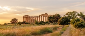 Ancient Greek temple ruins set amidst lush greenery at sunset. The scene includes tall stone columns, a clear sky with clouds reflecting warm hues, and a pathway leading through the grass and trees.