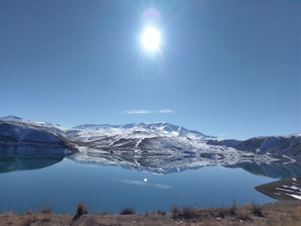 reflections of mountains on calm body of water