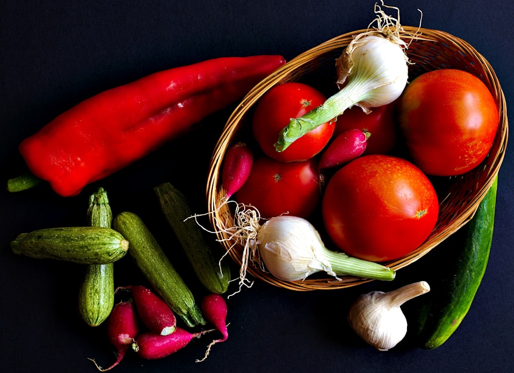 assorted vegetables and brown wicker basket