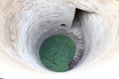 A deep stone well with a circular shape, featuring stone spiral steps on the side. At the bottom, there is a pool of still, greenish water, possibly algae-covered.