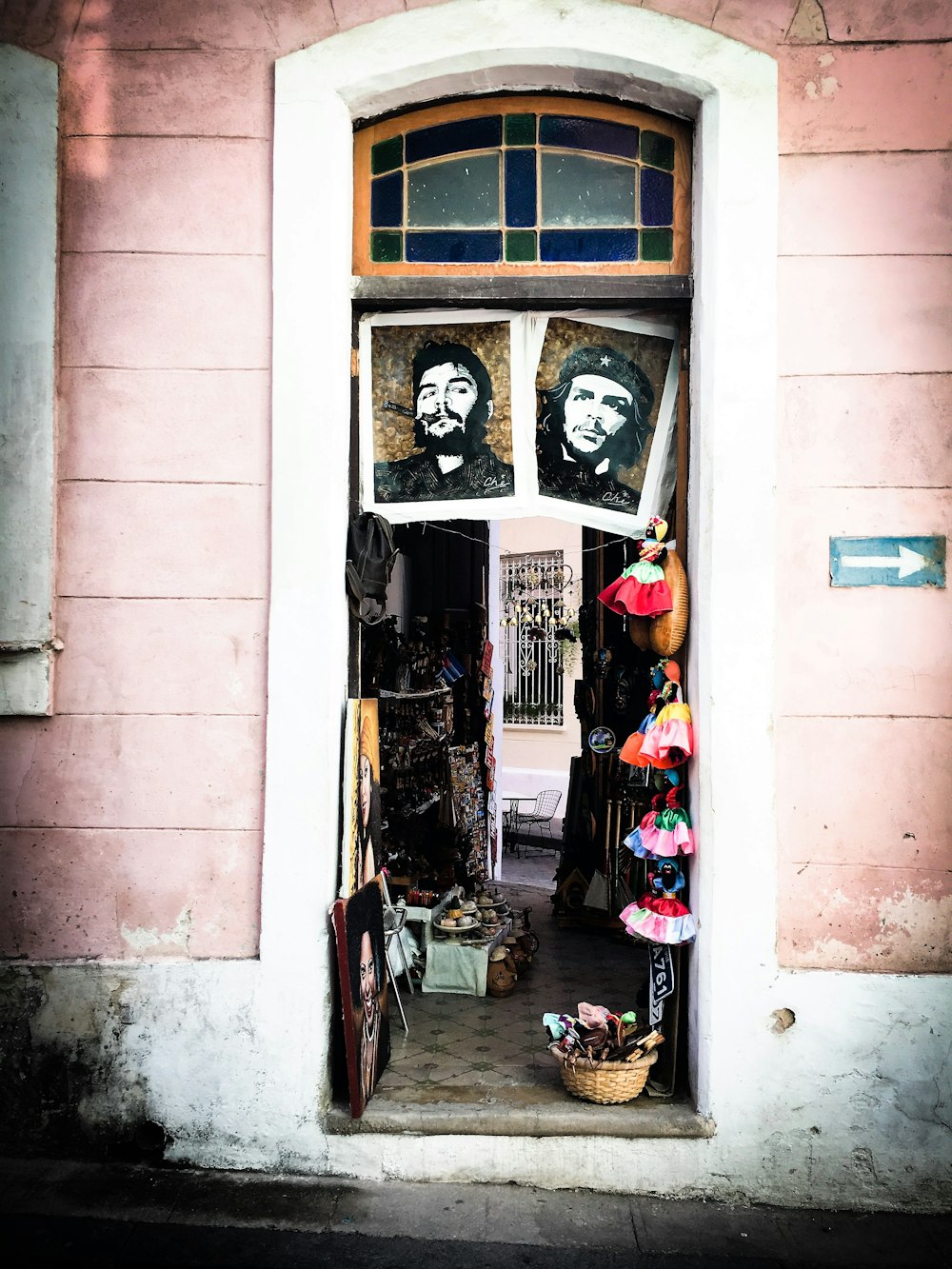 a window with a picture of a man and a woman on it